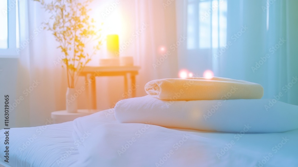 Poster tranquil spa setting with soft lighting and linens.