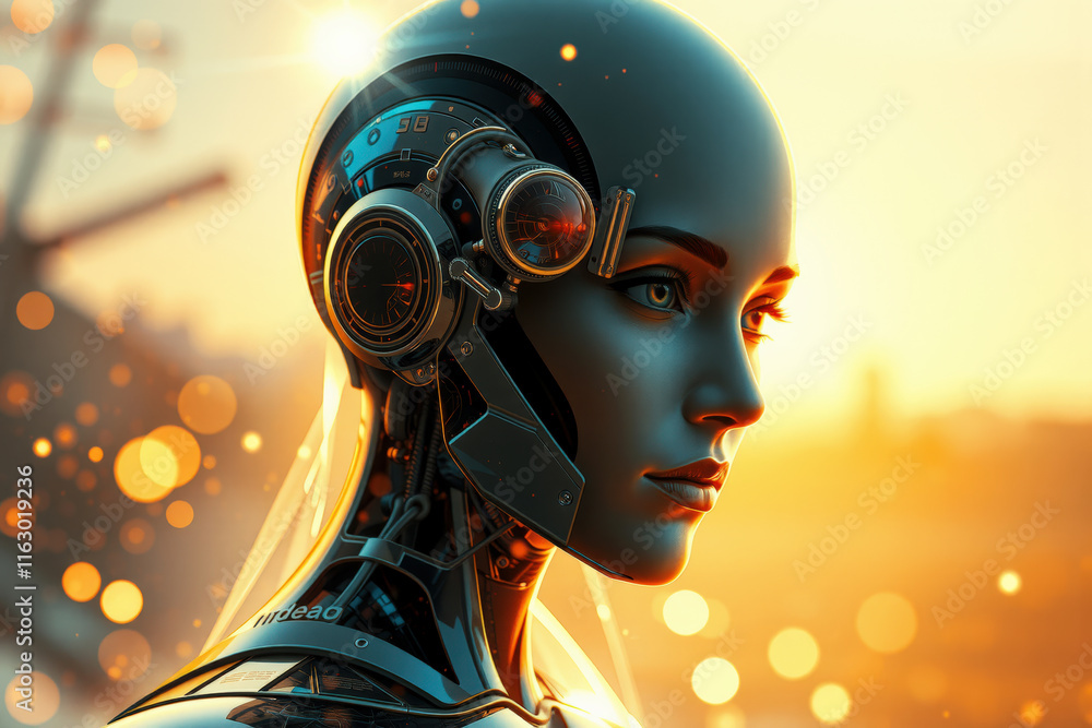 Poster futuristic humanoid robot with intricate mechanical features gazes thoughtfully into distance, illum
