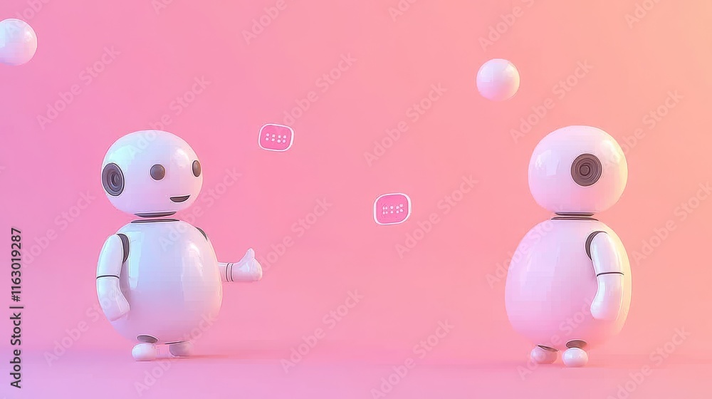 Poster two chatty robots in a colorful environment.