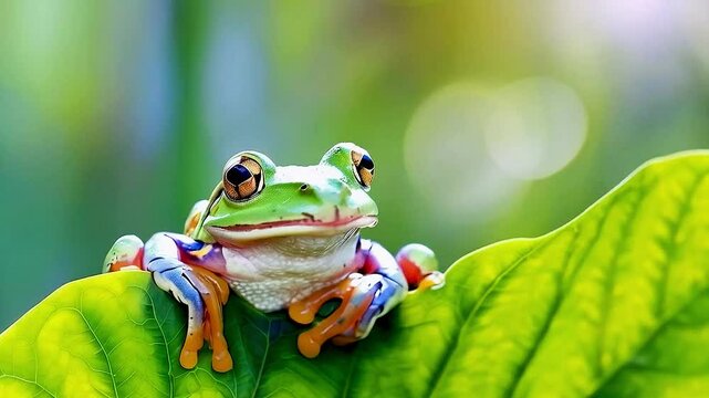 a frog  sitting on  a leaf