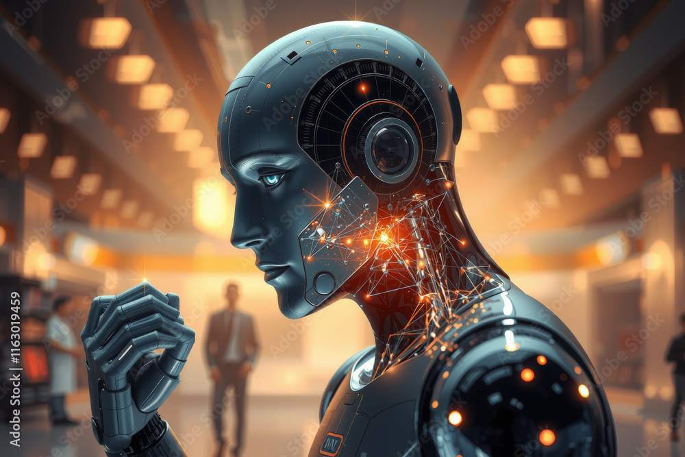 Aufkleber futuristic humanoid robot with intricate circuitry and glowing elements stands in modern laboratory,