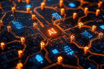 Fototapeta premium Circuit Board CPU Microchip Starting AI Visualization of Neural Networking. Digital connectors CPU