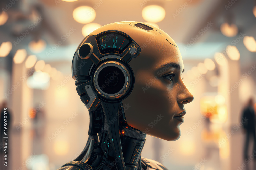 Aufkleber humanoid robot with sleek design and advanced technology stands in futuristic setting, showcasing in