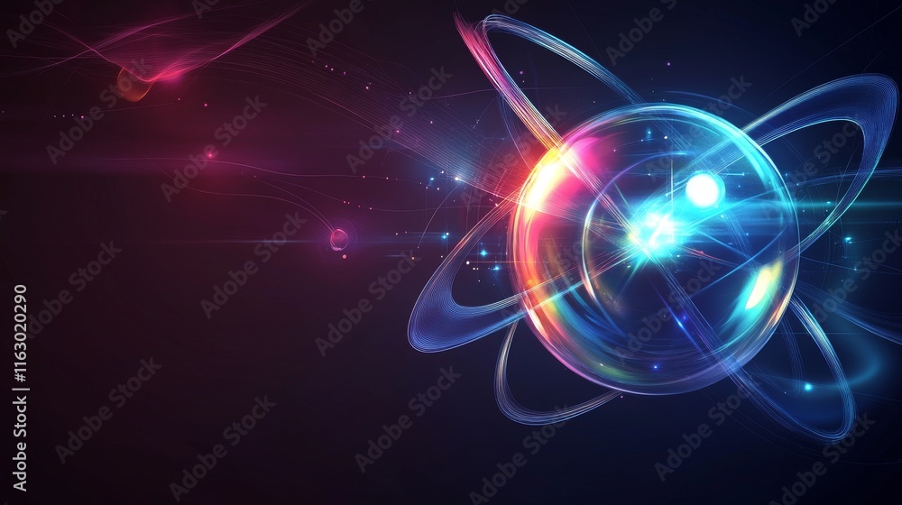 Poster vibrant atomic model with glowing particles.