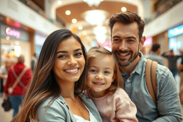 Obraz premium Bright smiles illuminate the joyful family as they navigate the bustling mall, creating lasting memories during their shared shopping adventure