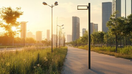 Fototapeta premium Urban street at sunset with modern buildings.