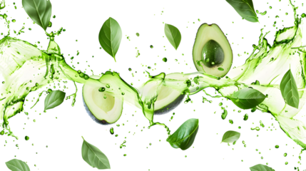 Fresh avocado halves splashing with green leaves, isolated on white background 