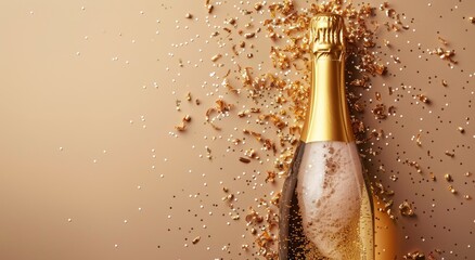Champagne bottle with golden glitter and confetti on a beige background, top view, capturing a New Year celebration concept. A banner for advertising a champagne party design