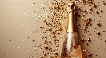 Bottle of champagne with golden confetti on a beige background, top view, designed as a banner for holiday celebrations and New Year party concepts. Ideal for festive banners