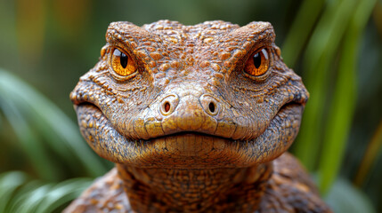 Fototapeta premium A detailed reptile face with intense eyes stares directly at the camera amidst lush greenery. Concept of wildlife and nature's majesty.