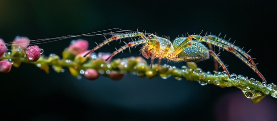 Fototapeta premium Vibrant Green Spider on Dew-Kissed Plant