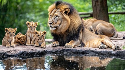 Obraz premium Majestic african lion pride gathered around waterhole in lush habitat