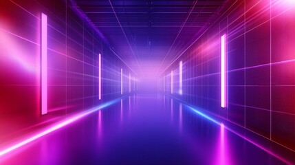 Fototapeta premium Vibrant neon hallway with glowing lights.