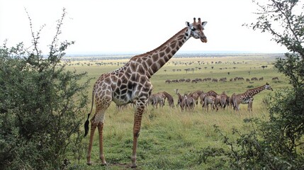 Majestic giraffe herd grazing on the african savanna in natural habitat