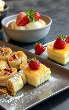 small bite banan rolls on a grey rectangle plate with a medium sized ice cream bowl on the plate and strawberries