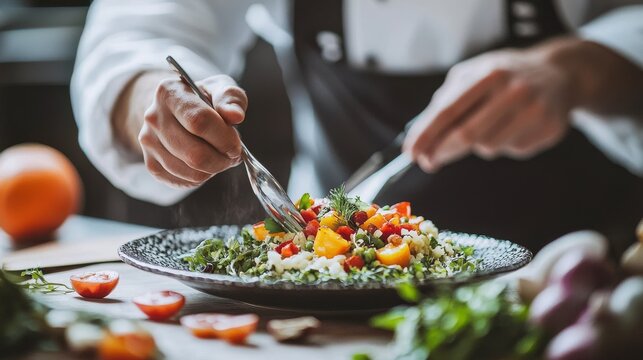 Culinary mastery in farm to table restaurant: chef artfully prepares fresh salad