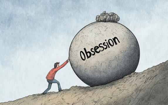 A rock with the word "obsession" pulling a person downhill
