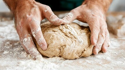 Hands kneading whole wheat dough for homemade bread making