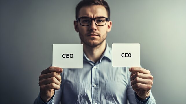 A man holds two blank cards in his hand. The first card reads 'CRO' and the second card reads 'CEO'. He appears contemplative as if he has a significant decision to make.