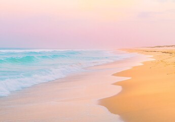 Serene Pastel Beach Sunset: Calm Ocean Waves and Sandy Shore