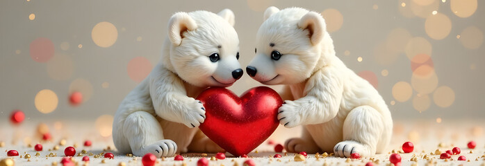 2 polar bear cubs holding red heart on festive background. Valentine's day mockup.