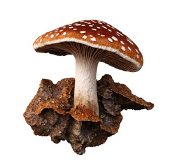 Realistic shiitake mushroom with a brown cap and white spots showcasing intricate textures and color variations