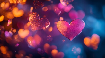 Glowing Hearts Falling Through A Dark Purple Sky