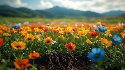 Fototapeta premium Vibrant Wildflower Meadow Against Mountain Background