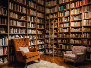 Una amplia biblioteca con una silla y estanterías llenas de libros