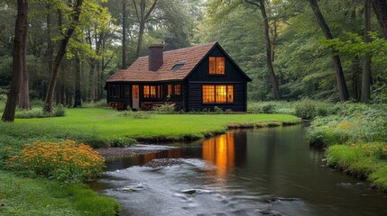 Obraz premium Cozy black cabin by serene stream surrounded by lush forest in early evening light