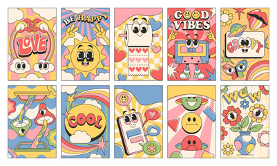 Fototapeta premium Retro groovy banners with funky comic characters, cute peaceful lettering and graphic decoration