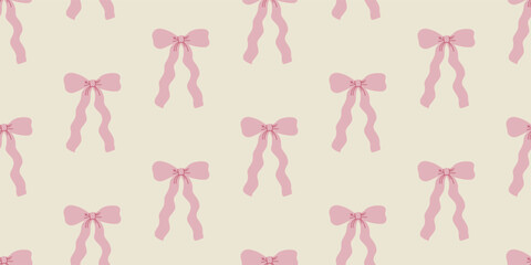Seamless pattern with hand drawn pink bows. Vector flat illustration of ribbons in vintage style. Holiday bowknots in coquette aesthetic