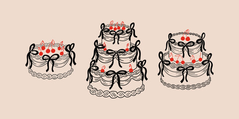 Set of cute hand drawn cakes with cherries and bows. Vector outline illustration of cakes in vintage coquette aesthetic. Holiday clipart for birthday, wedding, valentines day, etc.
