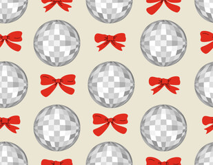 Seamless pattern with silver disco balls and red bows. Vector flat holiday background