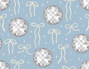 Seamless pattern with silver disco balls and bows. Vector flat holiday background