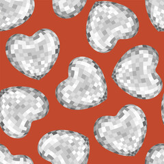 Seamless pattern with silver heart shaped disco balls. Vector flat holiday background	