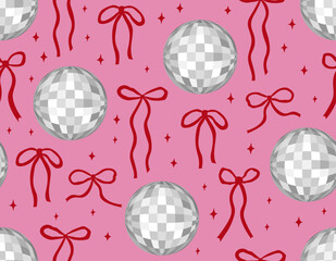 Seamless pattern with silver disco balls and bows. Vector flat holiday background 