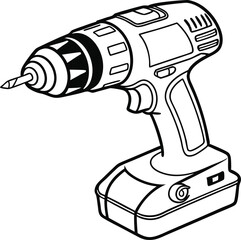 A black and white illustration of a cordless power drill.