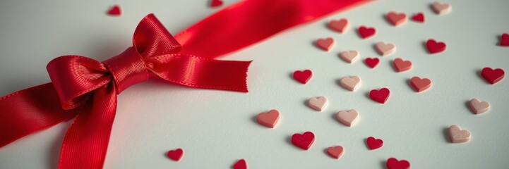 Red ribbon bow with heart-shaped confetti on a light background, conveying a romantic and festive mood for Happy Valentine's Day