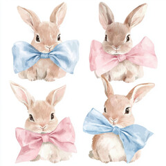 Fototapeta premium Set of cute Easter Bunny with bows, in a pastel color palette, on a white background.