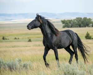 Wild Black Mustang Trots Through Open Grassland Under a Sunny Sky. Generative AI