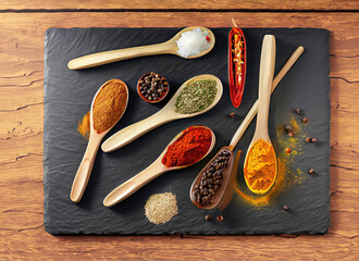 Different spices in wooden spoons