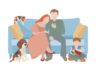 family in the room with dog and cat