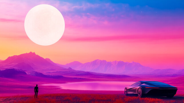 Businessman exploring a colonized planet with futuristic car and giant moon