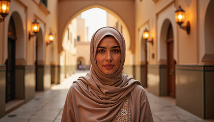 Muslim woman smiling in traditional attire in a historic alley