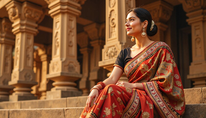 Woman in a red sari smiling in ancient architectural backdrop