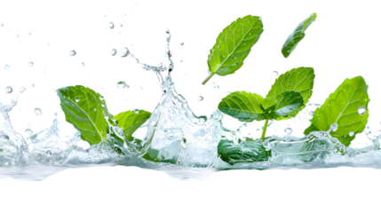 Fresh green mint leaves splashing dynamically with water, isolated on white background 