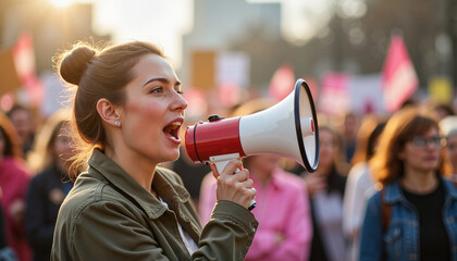 Woman passionately speaking into megaphone at protest