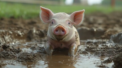 Adorable piglet playing in muddy puddle at farm on sunny day