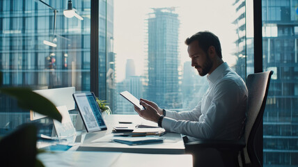 A businessman sits at a minimalistic desk in a high-rise office, using a smartphone and a tablet to manage tasks efficiently.